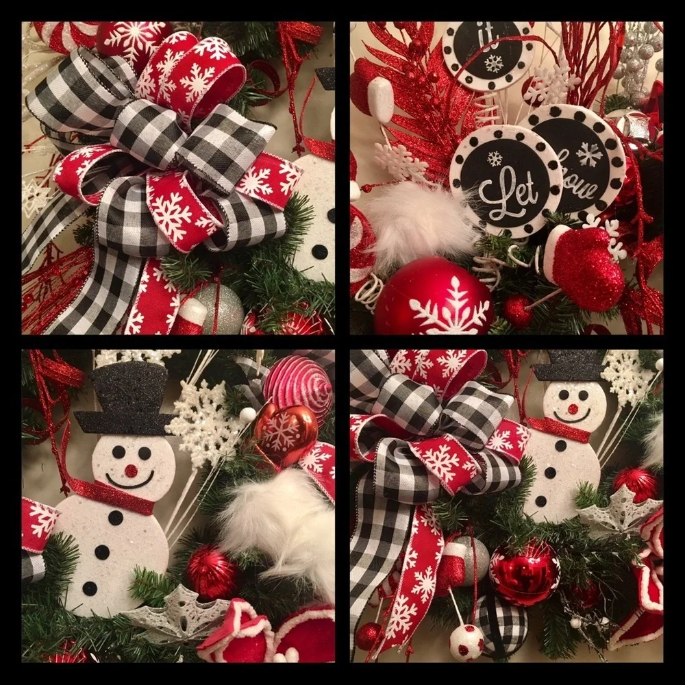 New Floral Designer Black Plaid Red White Poinsettia Snowman Christmas Wreath